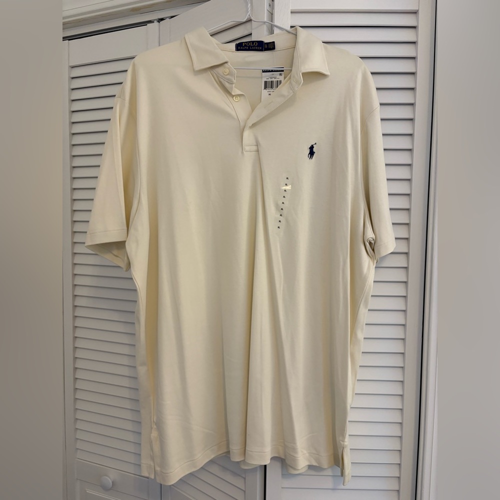Polo Ralph Lauren Men's Polo Shirt in Cream with Navy Blue Logo
